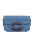 Clemaris Ostrich Leather Deya bag with a wood detail and detachable crossbody strap.