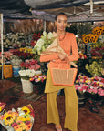 Small Davy Tote in Caramel Raffia & Mango Ostrich Leg