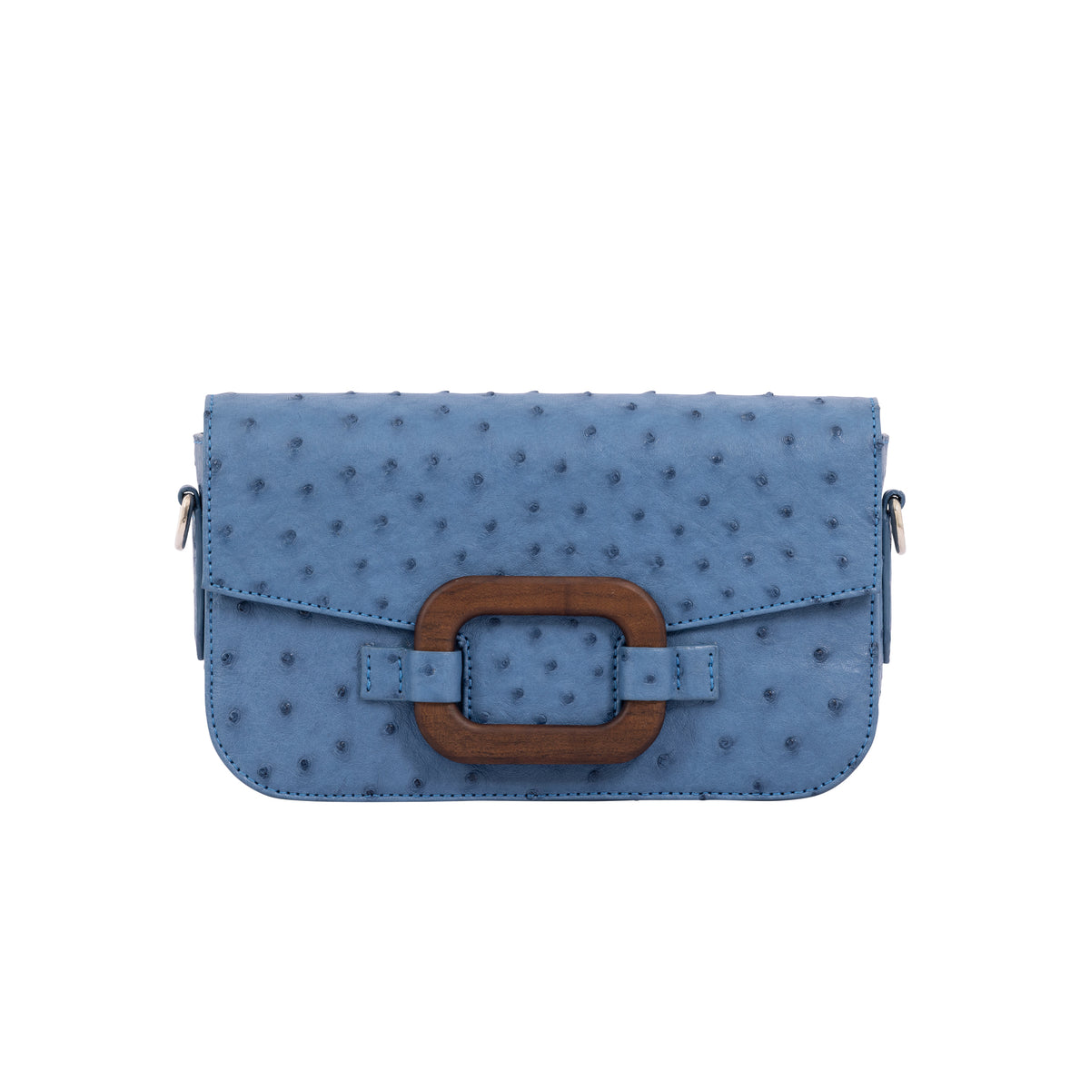 Clemaris Ostrich Leather Deya bag with a wood detail and detachable crossbody strap.