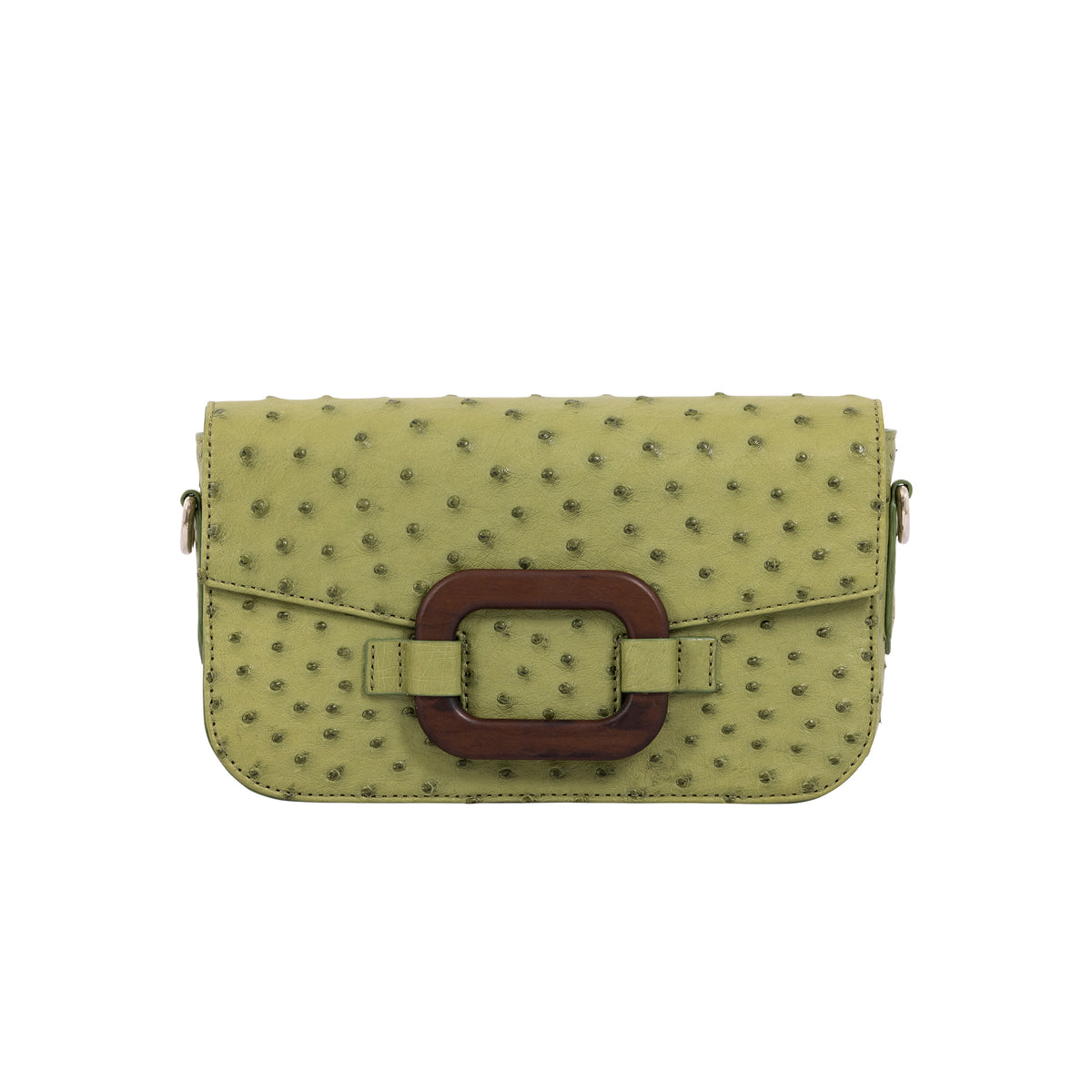 Edera Ostrich Leather Deya bag with wood detail and detachable crossbody strap.