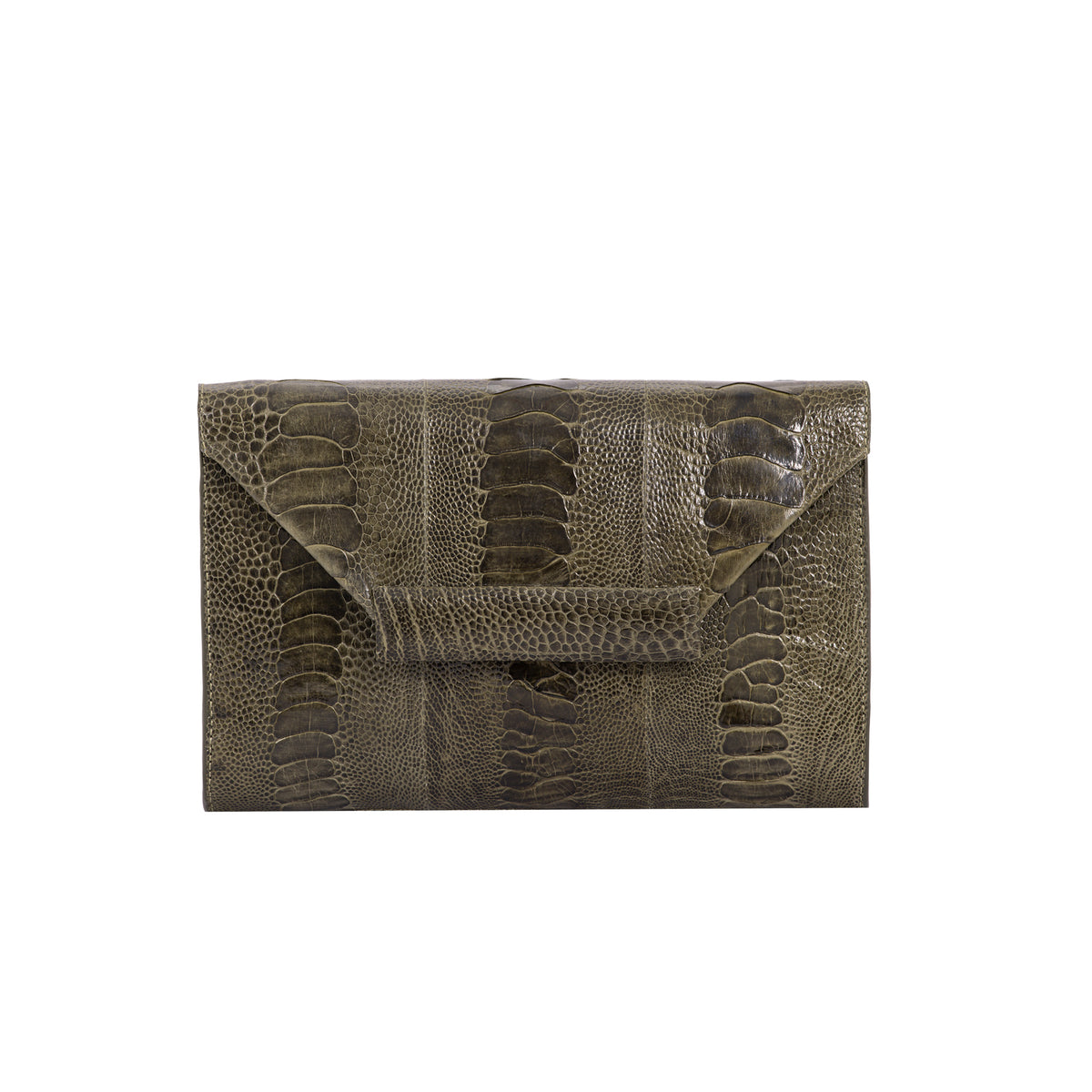 Olive Ostrich Leg envelope clutch with decorative flap tab and detachable leather strap.