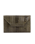 Olive Ostrich Leg envelope clutch with decorative flap tab and detachable leather strap.