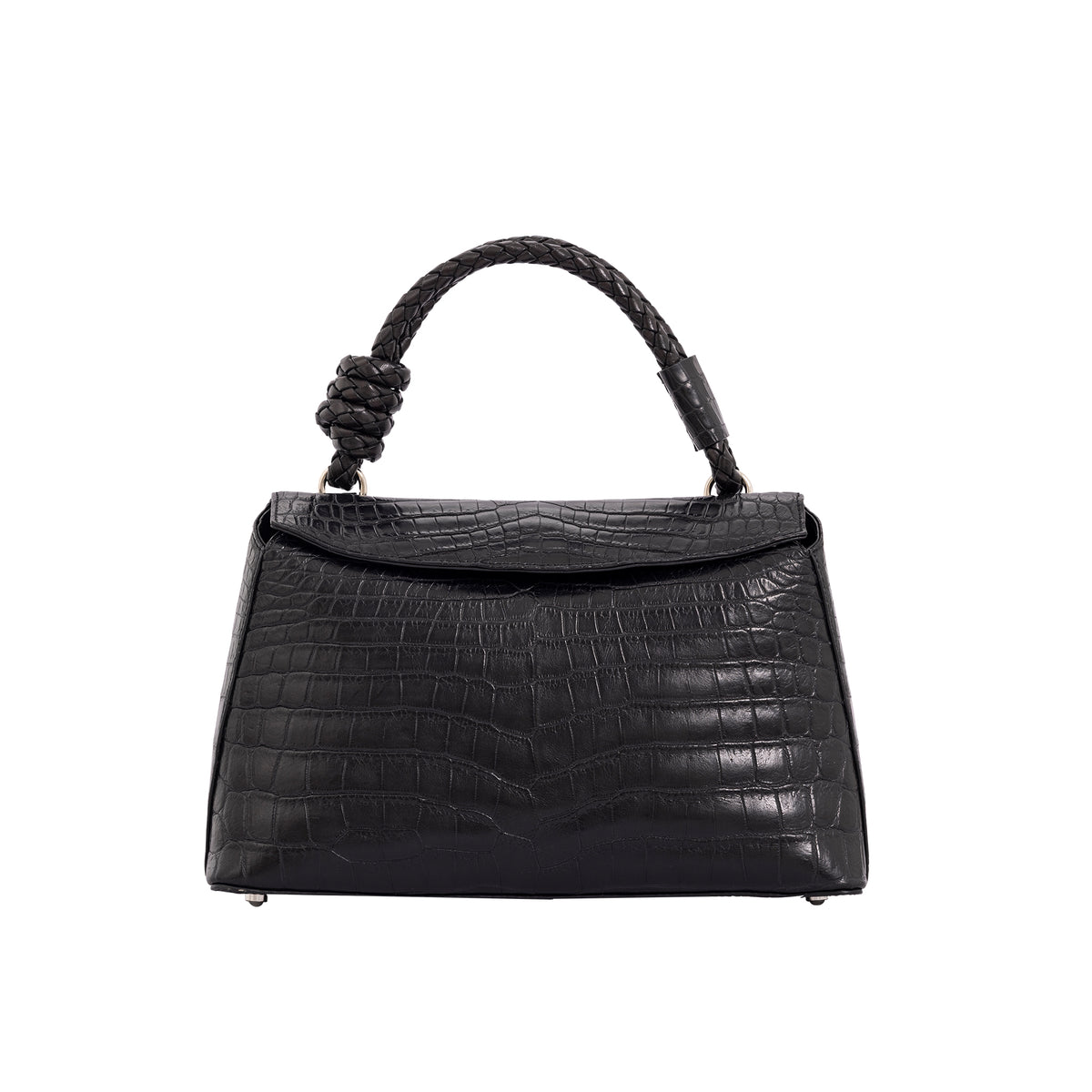 Esme medium black crocodile leather handbag with rope handle and detachable strap.